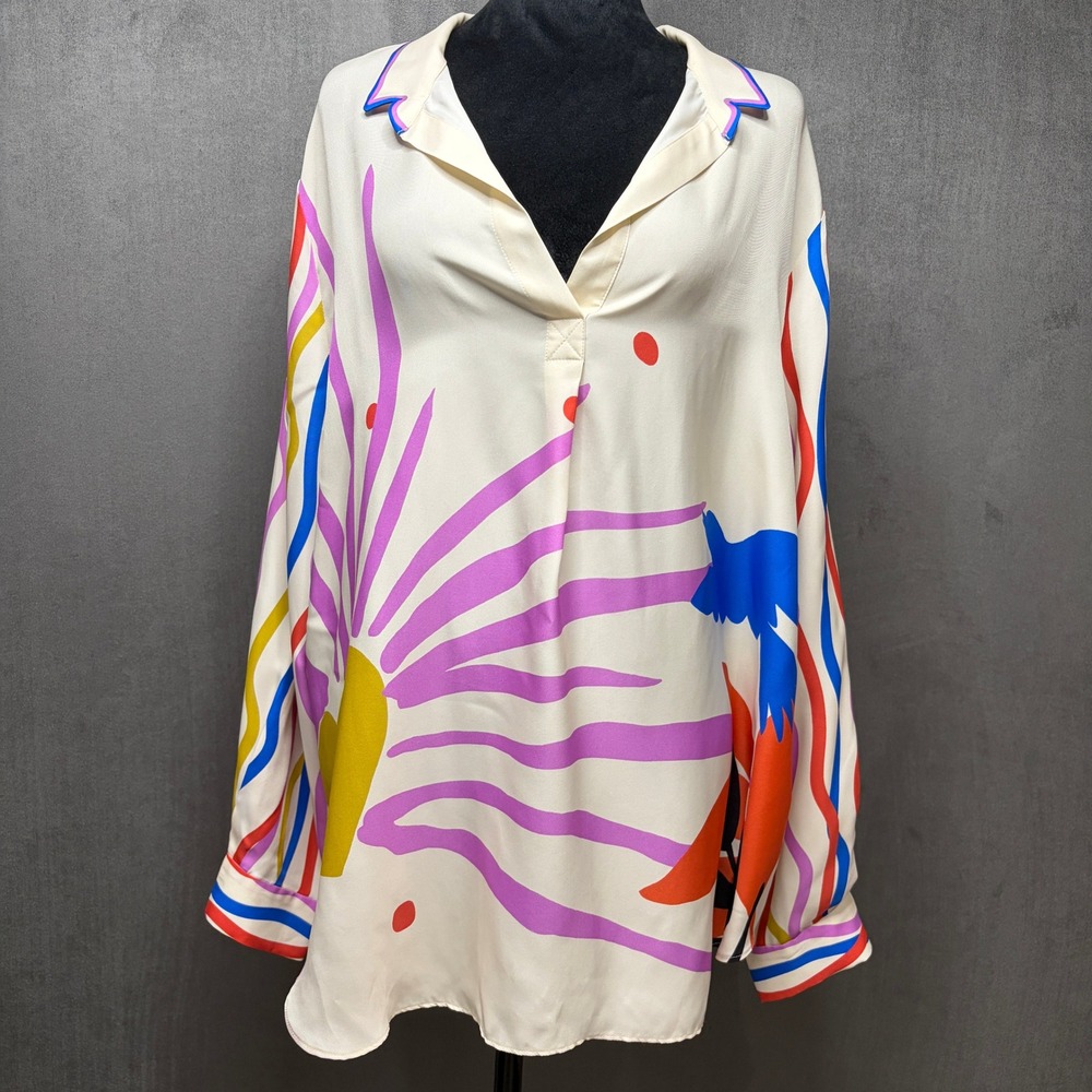 Jade By Johnny Was Mariella Endless V-Neck Blouse Sz XL Silk Blend Abstract Sun